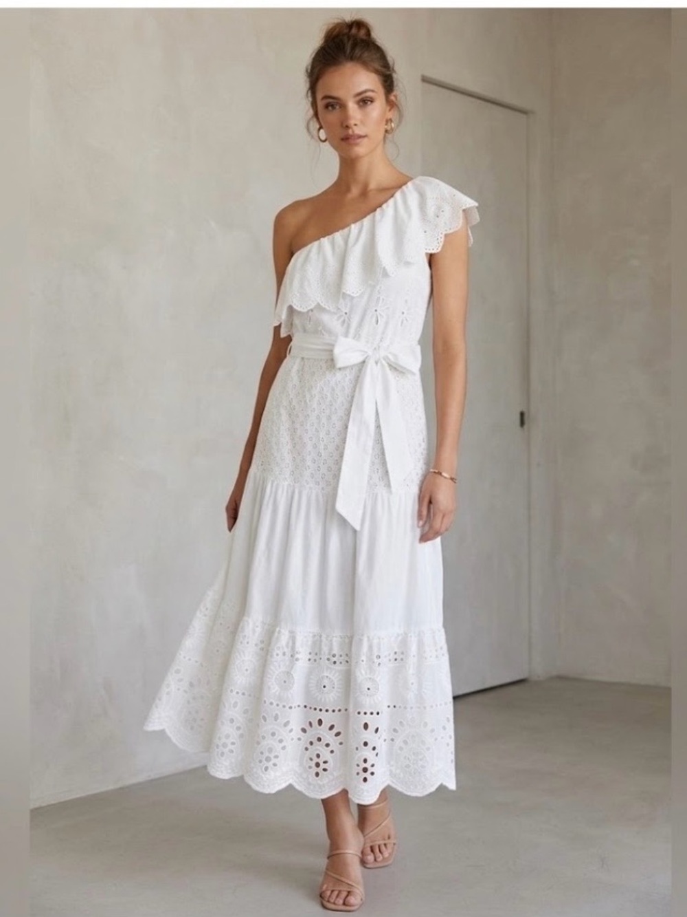 Off Shoulder White Cotton, Crochet Lace, Embroidered Maxi Dress Sz M - NWT